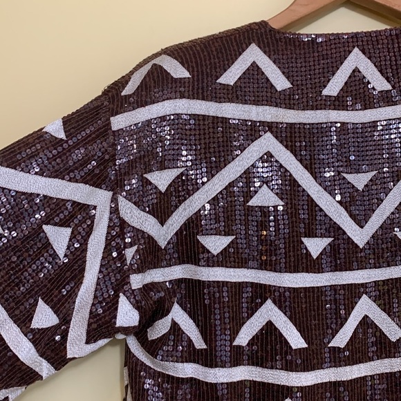 Vintage Fully Sequined Silk Brown White Aztec Design Surplice Tunic Dress XS - Picture 17 of 17